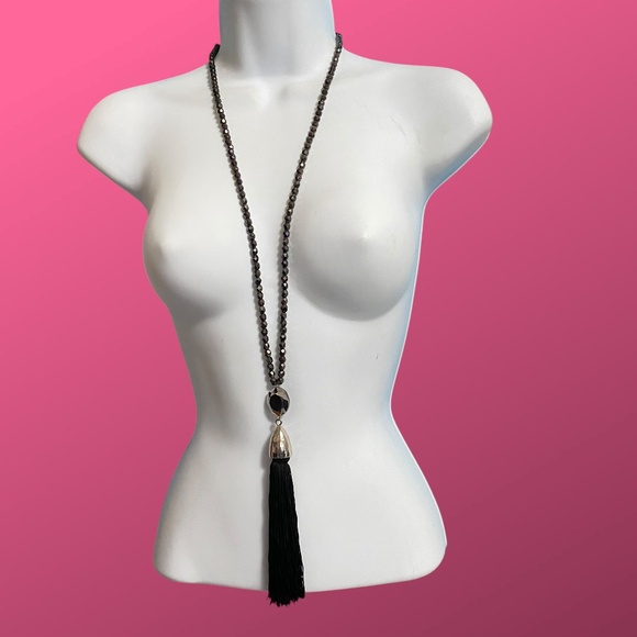 CHICO"S Glass Beads Black Silk Tassel Long Statement Necklace 31"-35" - Picture 7 of 7